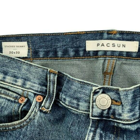PACSUN Jeans Men Size 30X30 Stacked Skinny Distressed Bleach Print Pockets Denim - Picture 9 of 12